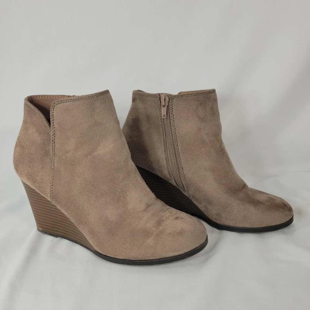 Soda Wedge Bootie Women 7 Tan Faux Suede Ankle Boots Fall Fairy Grunge Boho Chic